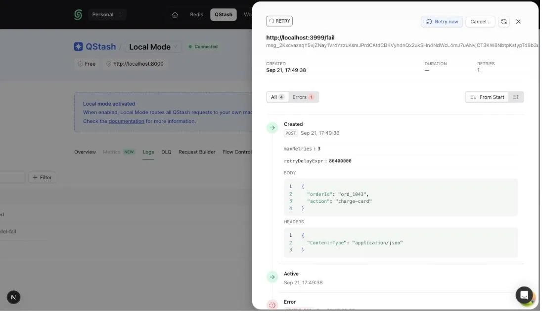 Retry now button on a retrying message in the Upstash Console