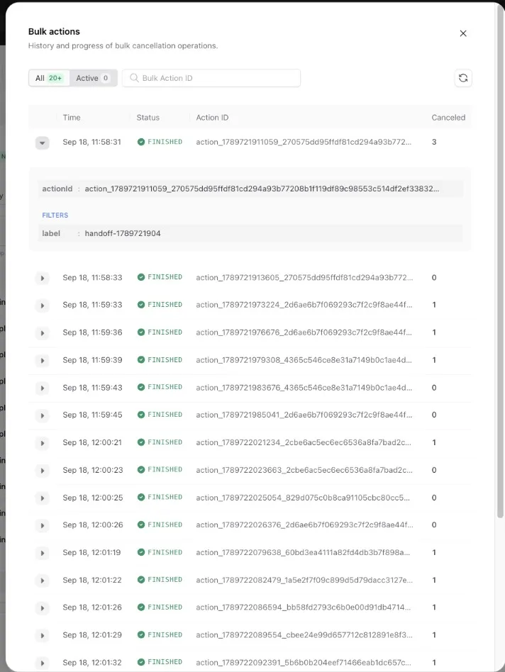 Bulk action history panel in the Upstash Console